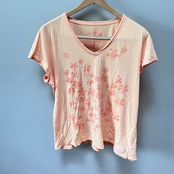 Life is Good Peach Floral‎ Print V-Neck T-Shirt- Size L - Picture 1 of 4